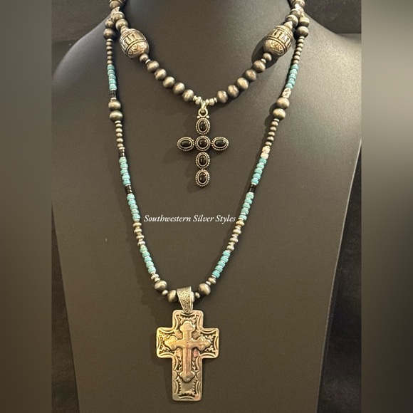 Southwestern Turquoise Sterling Silver Black Onyx Cross Navajo Pearls Necklace - Picture 8 of 8